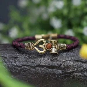 Golden Leather Shiva Rudraksha Om Trishul and Damroo Kada Bracelet for Men and Women