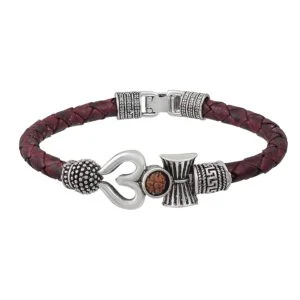 Silver Leather Shiva Rudraksha Om Trishul and Damroo Kada Bracelet for Men and Women