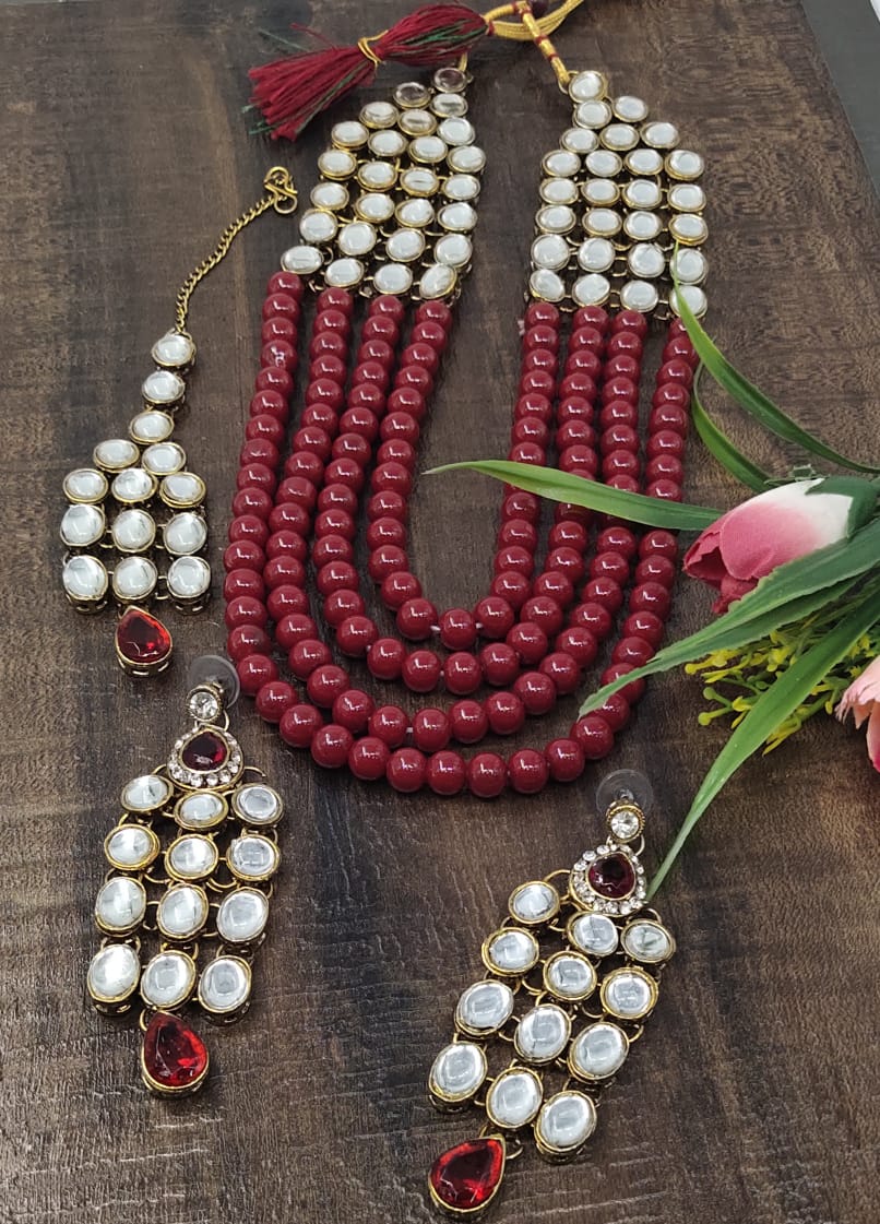 Metal Alloy and Pearl Necklace Set With Earring Maang Tikka for