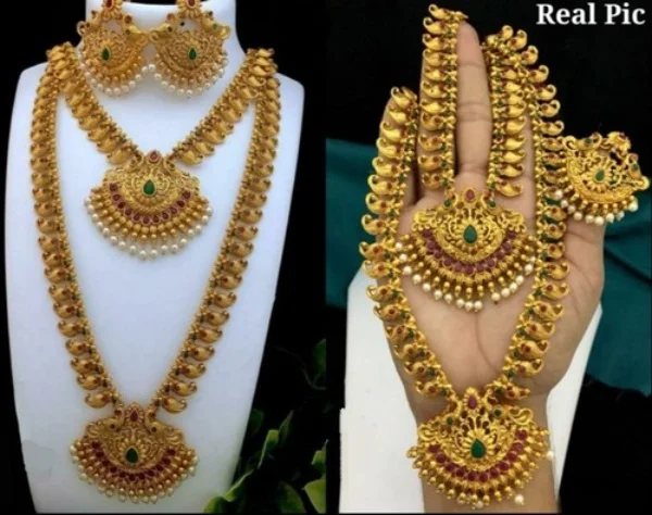 South Indian Temple Designer Necklace Set With Earring & Maang Tikka - Image 2