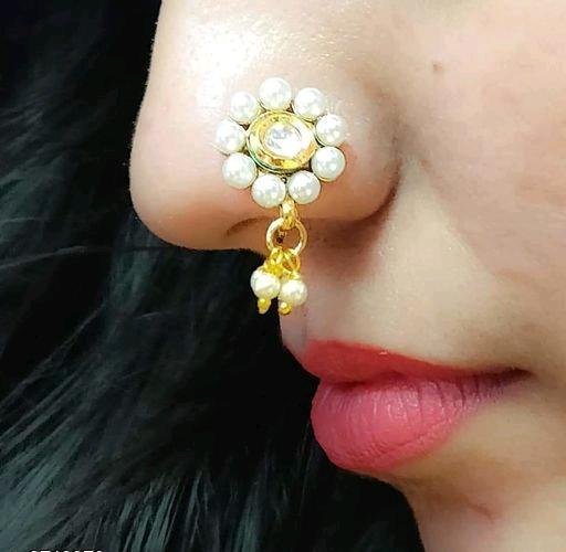 24-CT Gold Plated Marathi Flower shaped Red stone studded Nose Pin with  pearls – Adwitiya Fashion