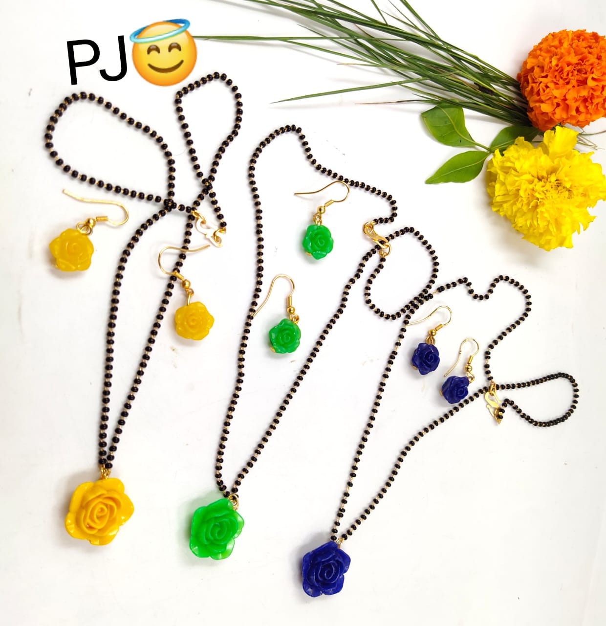 Single Line Rose Pendant Mangalsutra Necklace With Earrings (3Pcs)