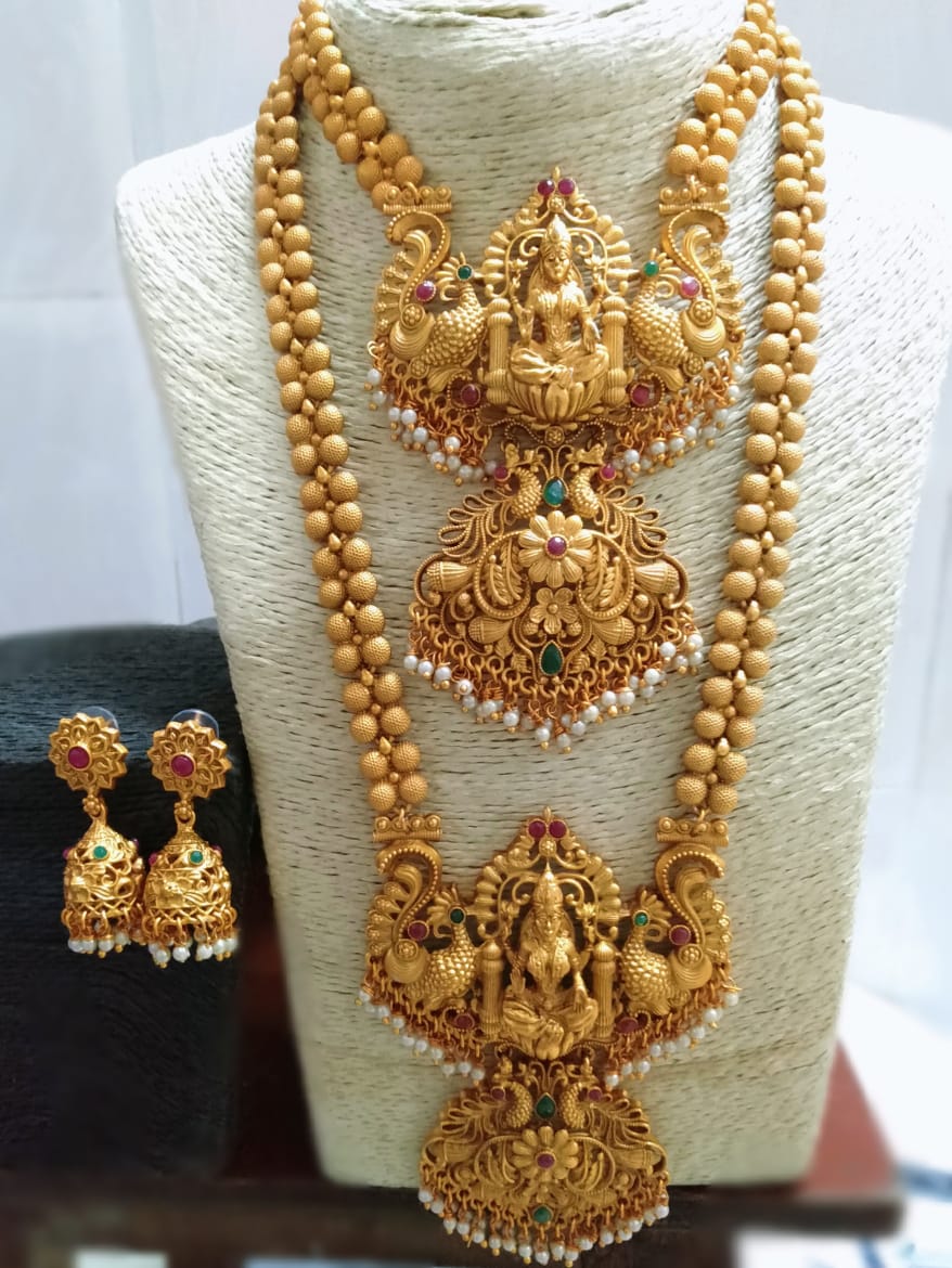 South Indian Temple Long Necklace Set Ethnic Gold Plated Long