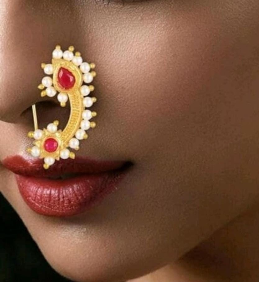 Gold plated Maharastrian Nath - Marathi nose pin - Bevy Pearls