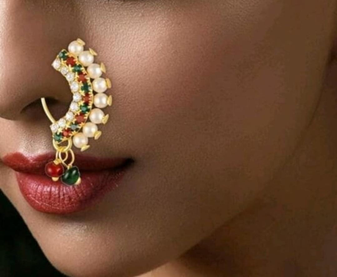 Maroon Antique Gold-Plated CZ-Studded & Beaded Maharashtrian Nose Pin –  shopnccollection
