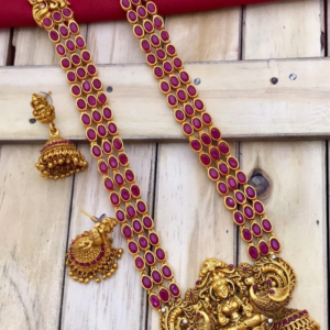 Laxmi Ruby Red Brass Temple South Indian Long Haram Necklace With Earring Jewellery Set For Women & Girls