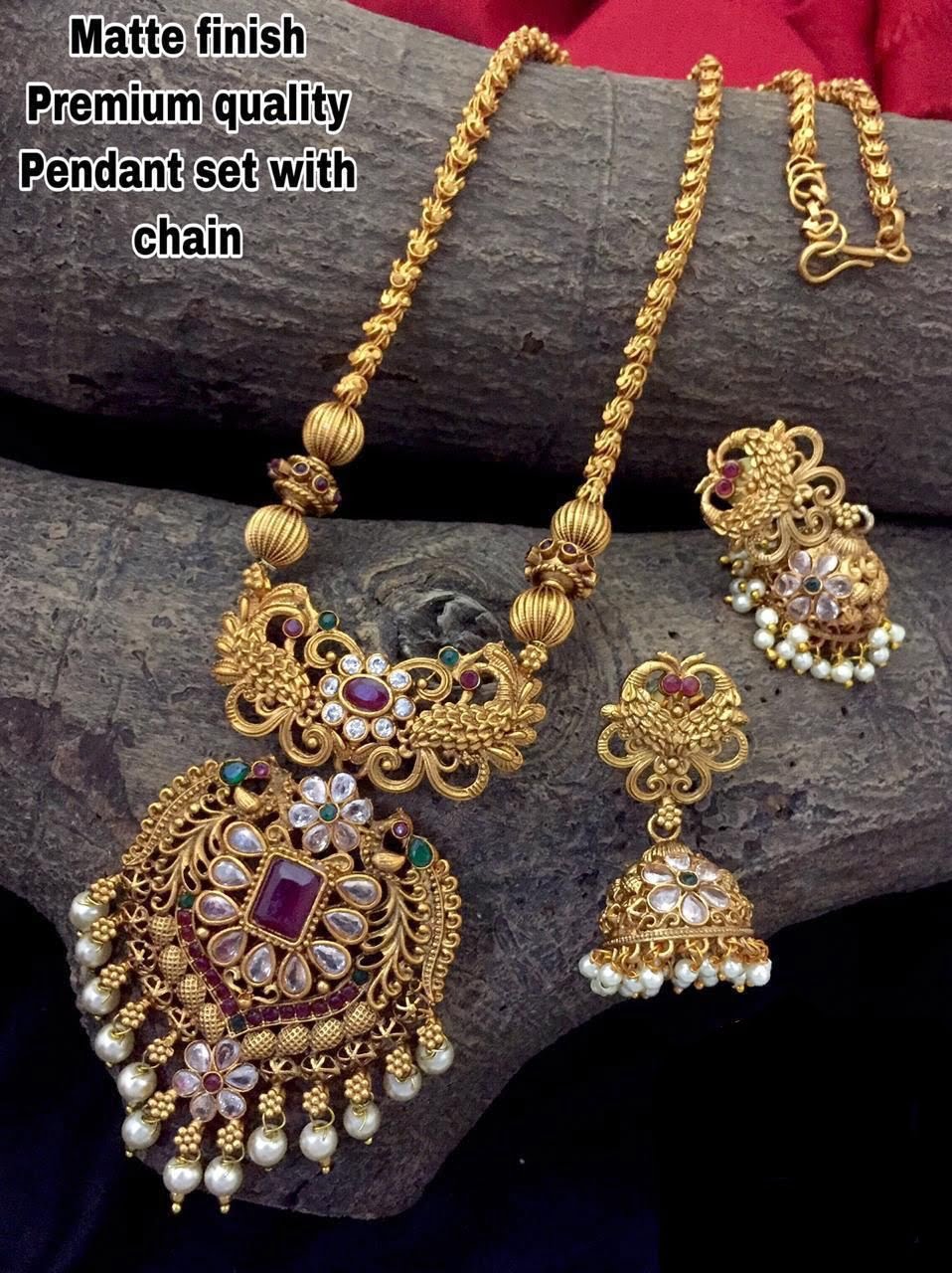 Long Pendant Necklace Set Golden Traditional South Indian Temple