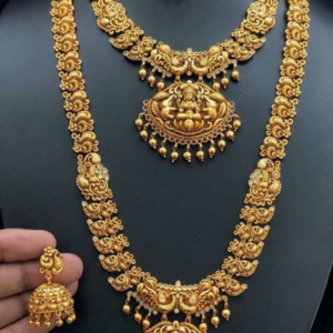 Temple South Indian Long Haram Combo Necklace With Earring Jewellery Set For Women & Girls