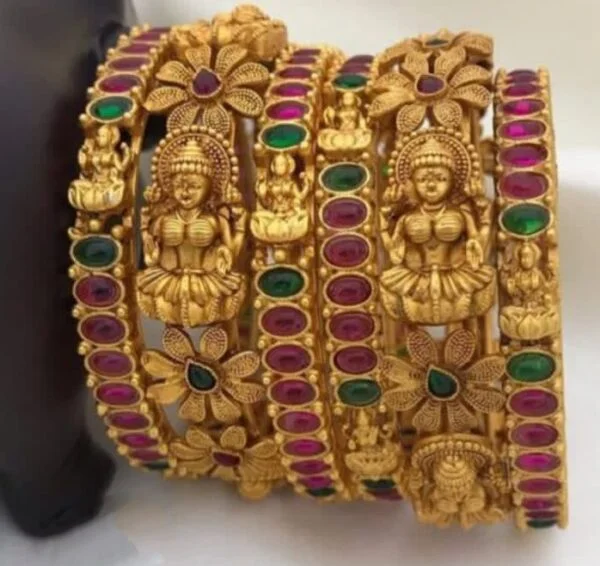 Matte Polish Kempu Stone Premium Quality Copper Finish Goddess Laxmi Temple Look Bangles For Women / Girls