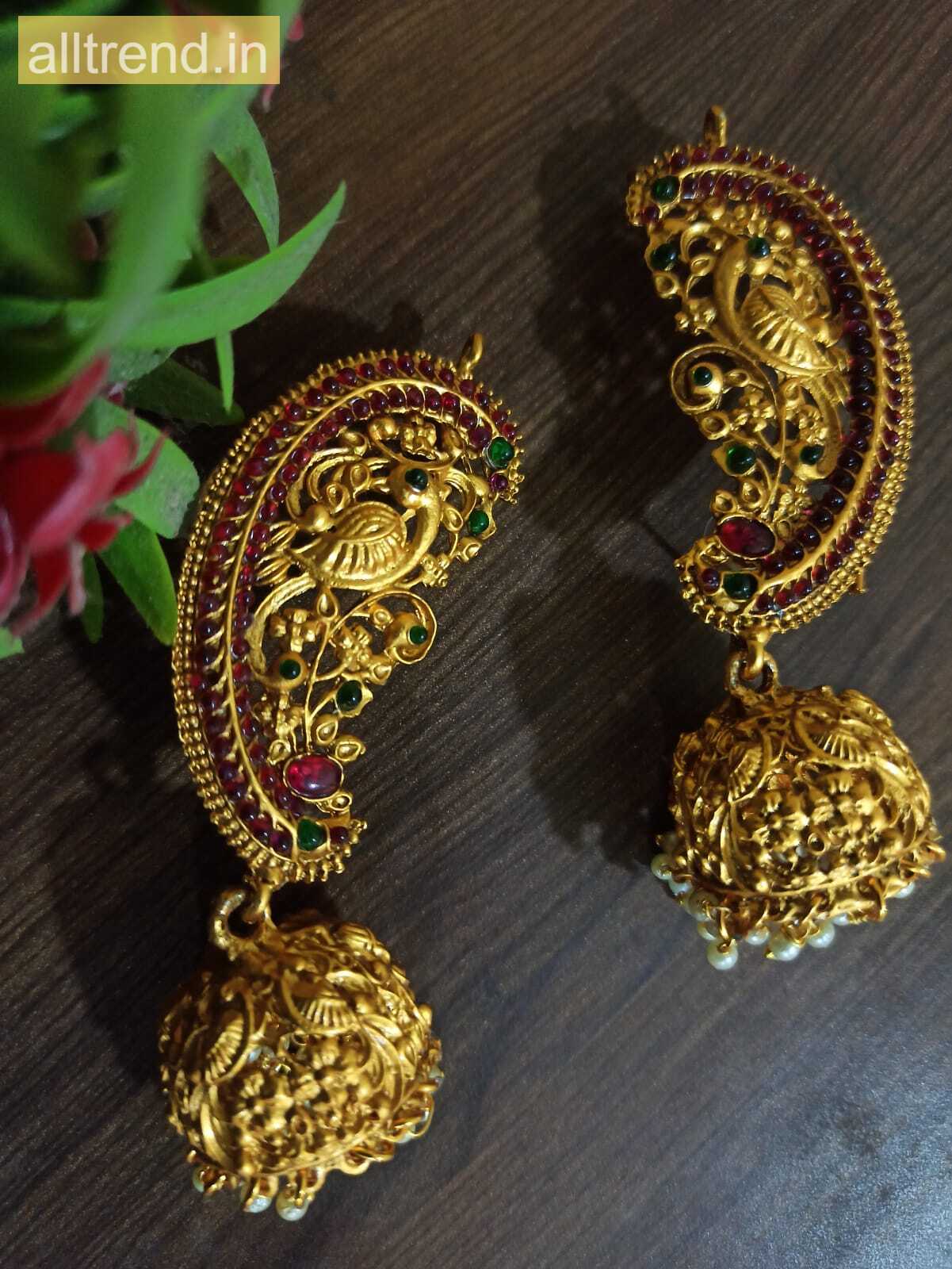 18 KT Gold Plated Kundan-Encrusted Jhumka Earrings with Pearl Drops – Curio  Cottage