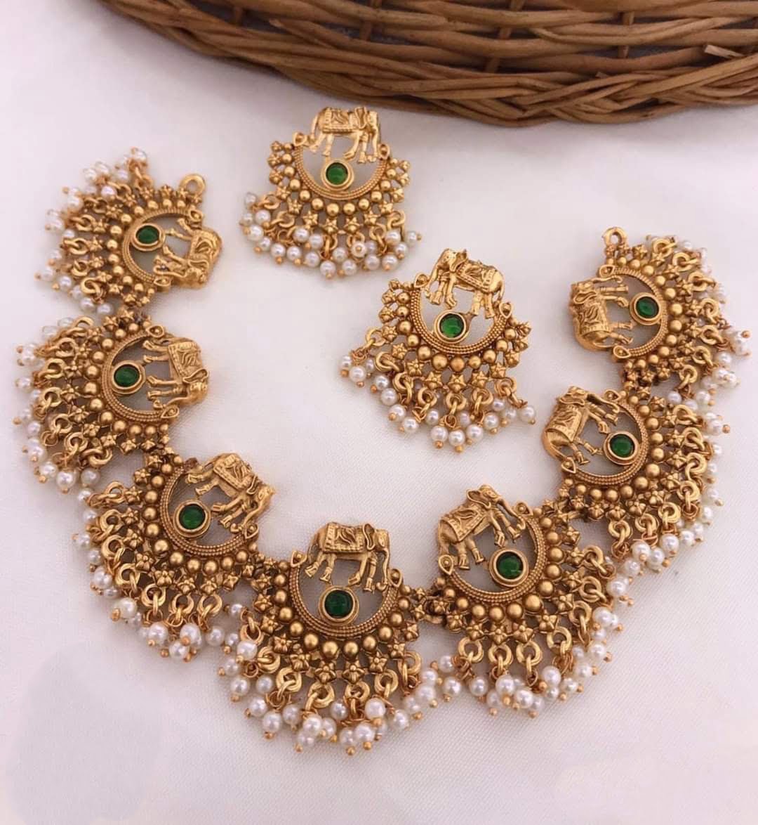 Elephant Design Matte Beaded Choker Necklace Set with Earrings