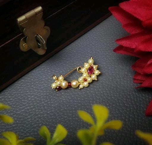 Gold Look Red Stone & Pearl Studded Marathi Nose Ring - Sanvi Jewels -  2624419