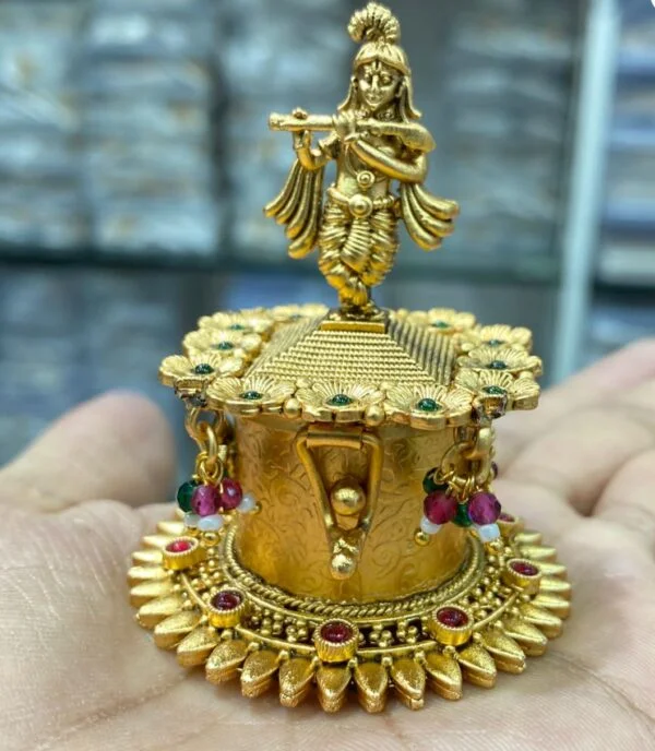 Premium Quality Traditional Temple Lord Krishna Antique Finish Kumkum Box / Sindoor Box