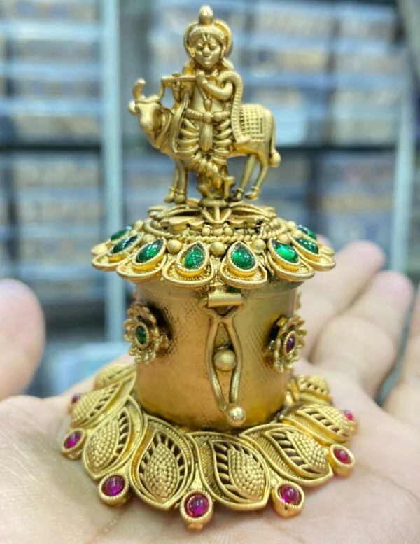 Premium Quality Traditional Temple Lord Krishna Antique Finish Kumkum Box / Sindoor Box - Image 2