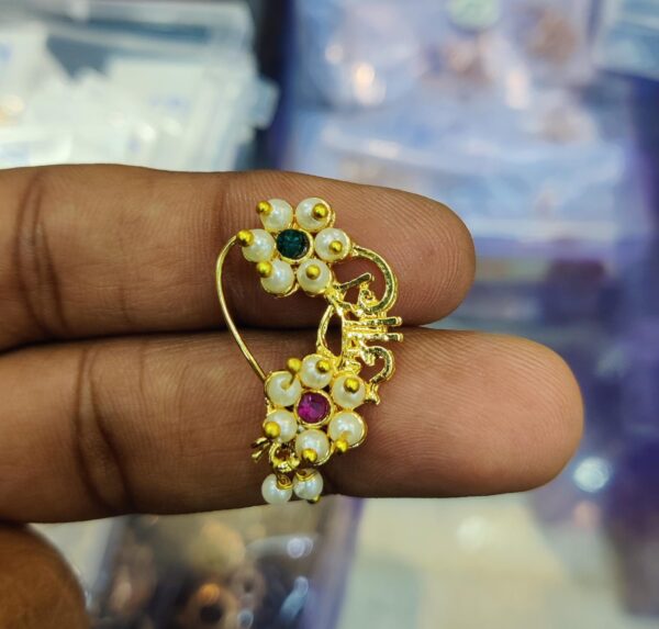 Gold-Plated Stone-Studded & Pearl-Beaded Nath Nathiya Nose Ring