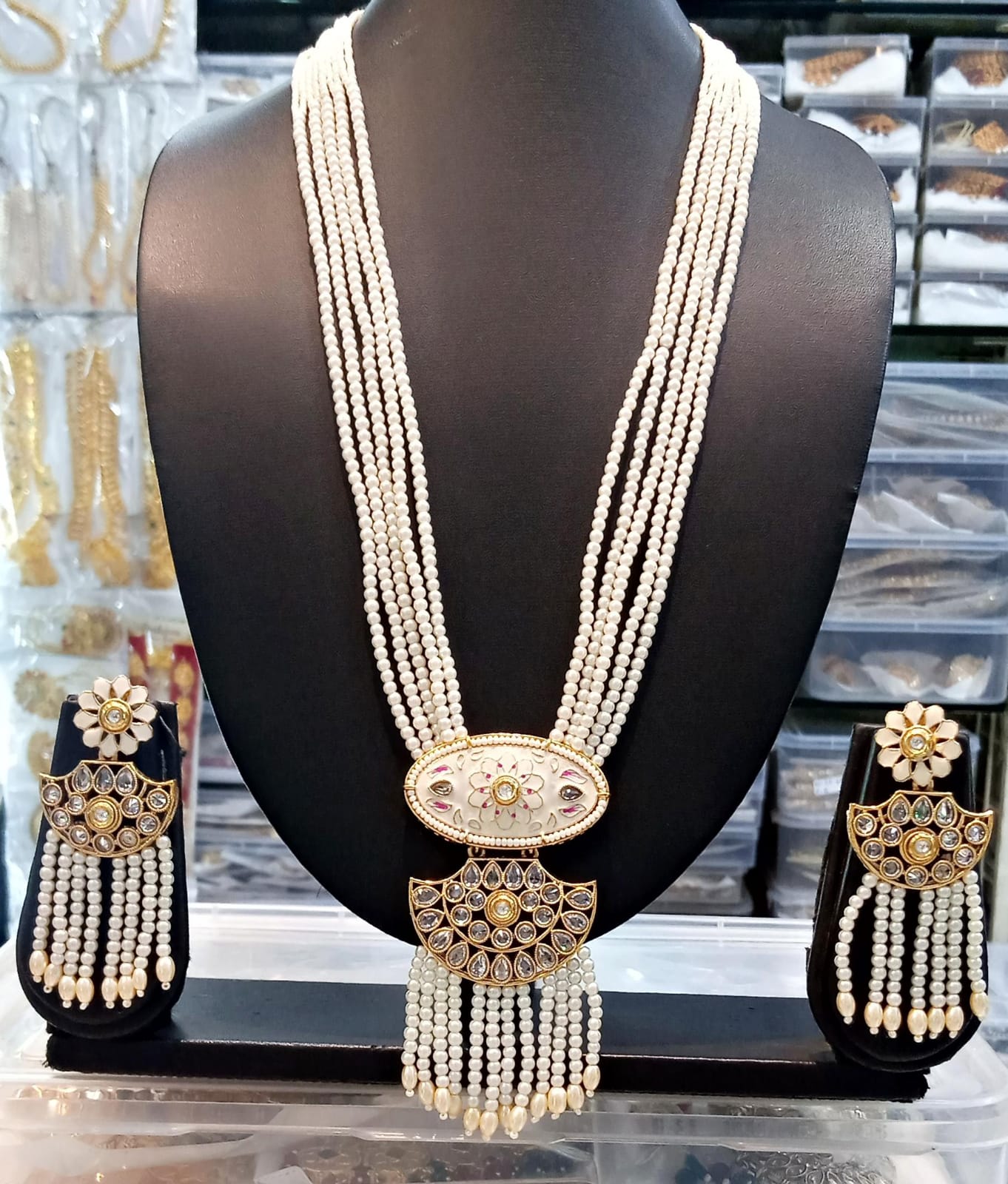 Gold Plated Rani Haar with White Pearls Perfect for Weddings & Festivals| Rajputi Jewellery Set |
