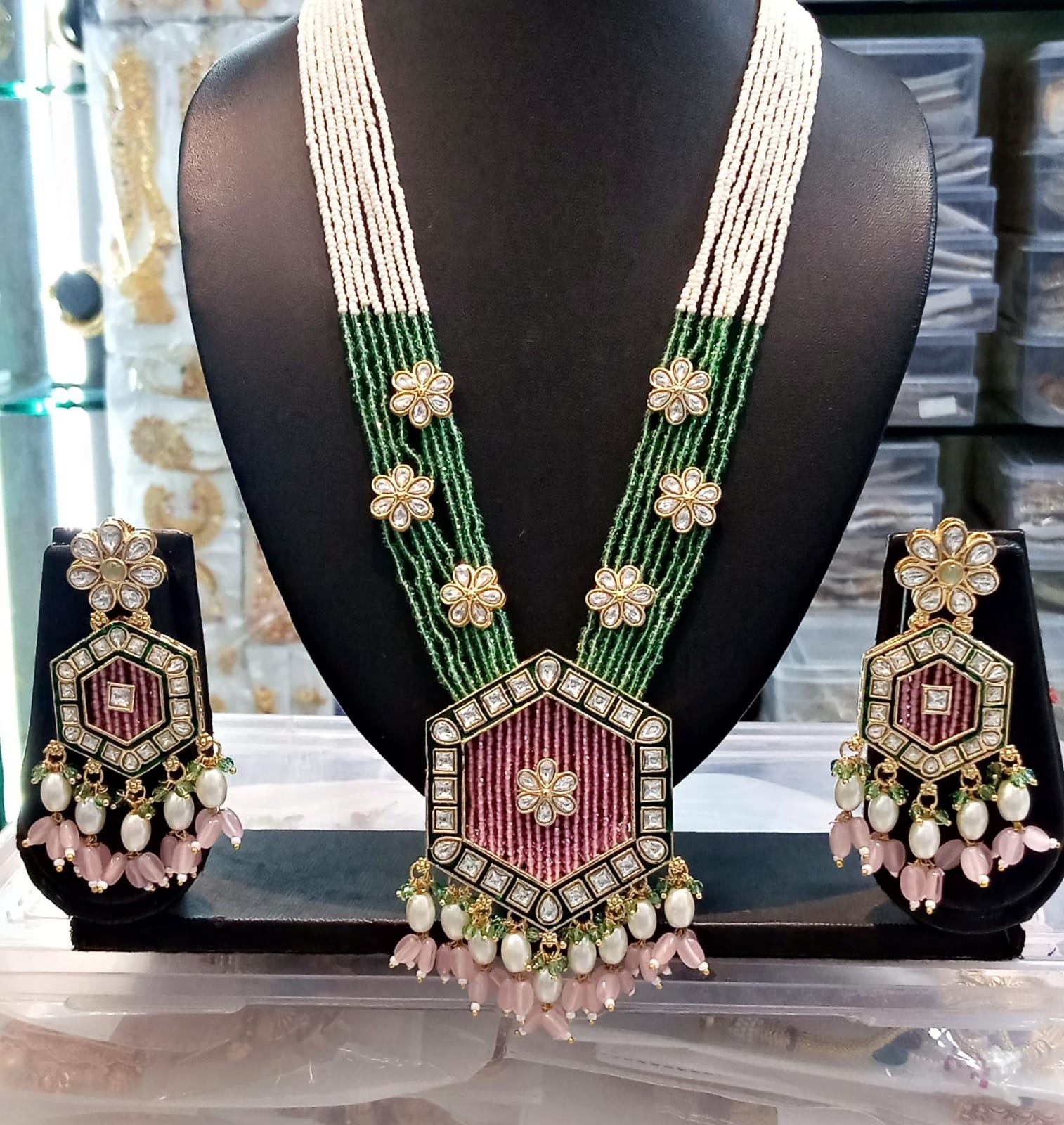 Gold Plated Crystal Beads Long Necklace Set