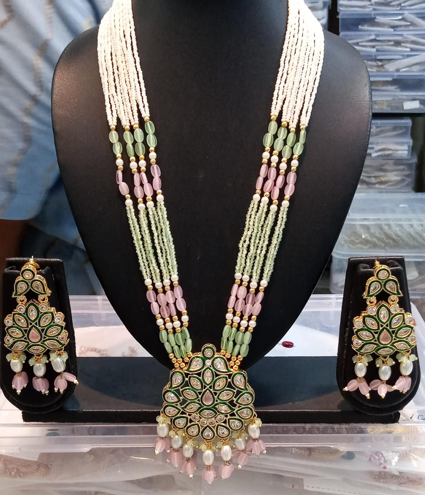 Gold Plated Crystal Beads Long Necklace Set For Women