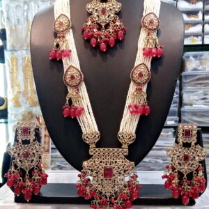 Gold Plated Pearl & Stone Beaded Long Rani Haar Necklace set with Earrings