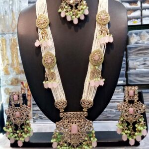 Traditional Stylish Ethnic & Party Wear Gold Plated Pearl & Stone Beaded Long Rani Haar Necklace set with Earrings