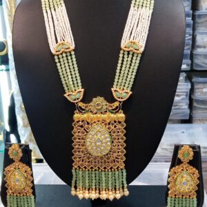 Gold Plated Rani Haar with Green Pearls (Perfect for Weddings & Festivals) | Rajputi Jewellery Set
