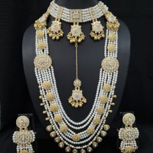 White Beads Beaded Necklace Set With Chik Set For Wedding