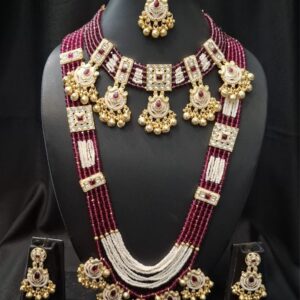 Maroon & White Beads Beaded Necklace Set With Chik Set For Women