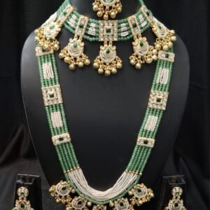 Green & White Beads Beaded Necklace Set With Chik Set