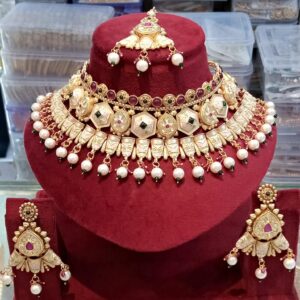 Gold Brass Rajwadi Choker Necklace Set For Women