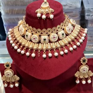 Rajwadi Gold Polish Brass Choker Necklace Set For Women