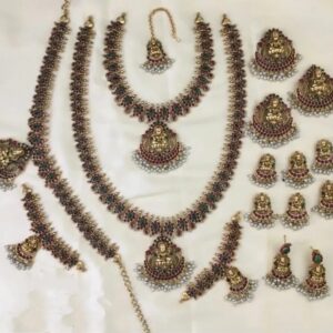 South Indian Temple Matte Finish Kemp Stone Full Bridal Jewellery Set