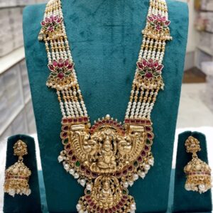 Antique Gold-Plated Multi-Strand Pearl Haram with Goddess Lakshmi Pendant & Matching Jhumkas