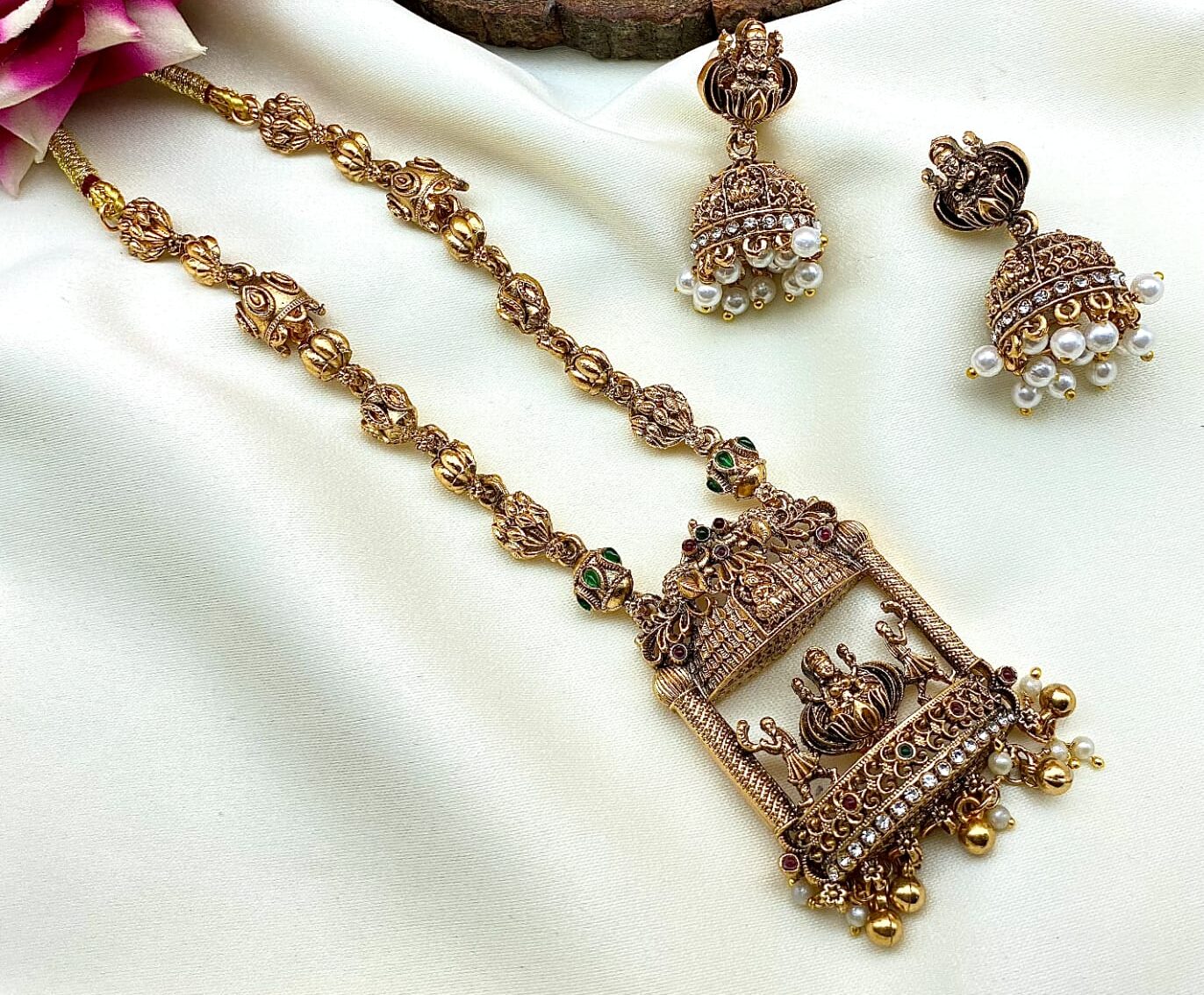 Matte Gold-Plated Lakshmi Temple Pendant Long Necklace with Beaded Dori & Matching Jhumkas - Image 2