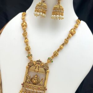 Matte Gold-Plated Lakshmi Temple Pendant Long Necklace with Beaded Dori & Matching Jhumkas