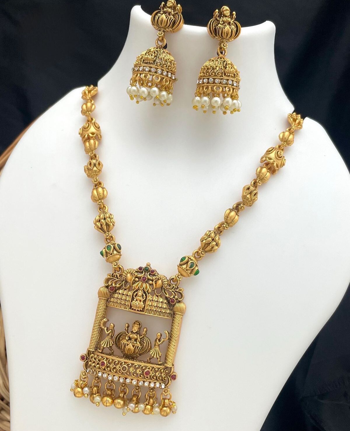 Matte Gold-Plated Lakshmi Temple Pendant Long Necklace with Beaded Dori & Matching Jhumkas