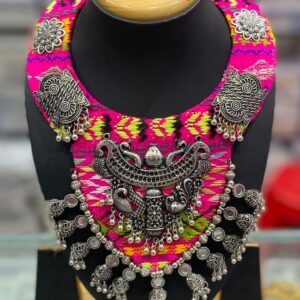 Bold & Beautiful Navratri Tribal Necklace – Pink Magic with Silver Elegance
