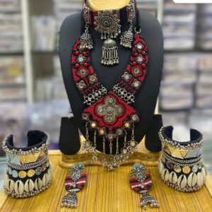 Ethnic Garba Jewellery Set for Women – Mirror Work Necklace, Shell Bangles & Earrings – Navratri Special