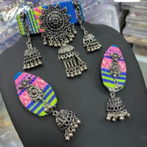 Vibrant Multicolored Embroidered Oxidized Silver Choker & Jhumka Earring Set – Perfect Navratri Jewelry