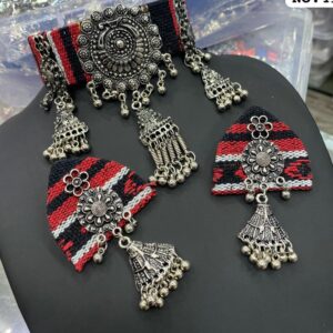 Traditional Navratri Jewelry Oxidized Choker Necklace Set with Jhumka Earrings