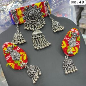 Traditional Navratri Multicolor Fabric Choker Set with Oxidized Jhumka Earrings