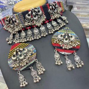Multicolor Tribal Fabric Choker Necklace Set with Oxidized Silver Bell Dangler Earrings – Handcrafted Navratri Jewelry