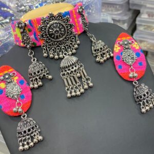 Handmade Navratri & Garba Jewellery Choker Set with Oxidized Jhumka Earrings