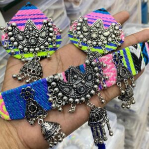 Blue Pink Oxidized Choker Necklace Set for Navratri & Garba
