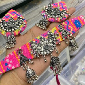 Handcrafted Pink Fabric Oxidized Choker Necklace Set with Jhumka Earrings for Navratri, Garba, Dandiya & Traditional Outfits