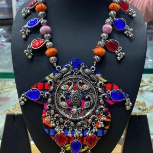 Handcrafted Oxidized Silver Peacock Pendant Necklace for Navratri & Festive Wear