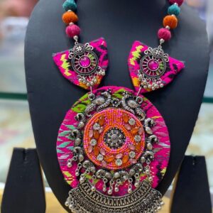 Oxidized Mirror Pendant Jewellery with Thread Pom-Poms