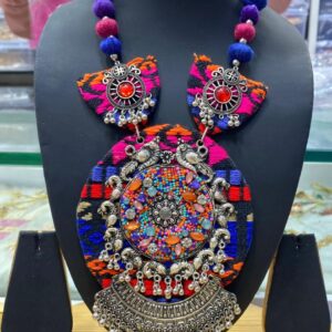 Handmade Oxidized Pendant Jewellery with Thread Pom-Poms & Earrings