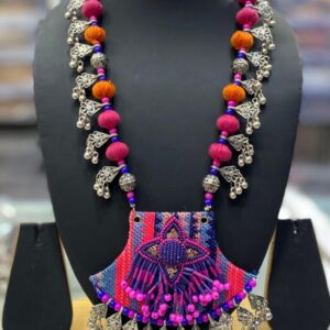 Purple & Pink Navratri Beaded Necklace with Oxidized Ghungroo Work