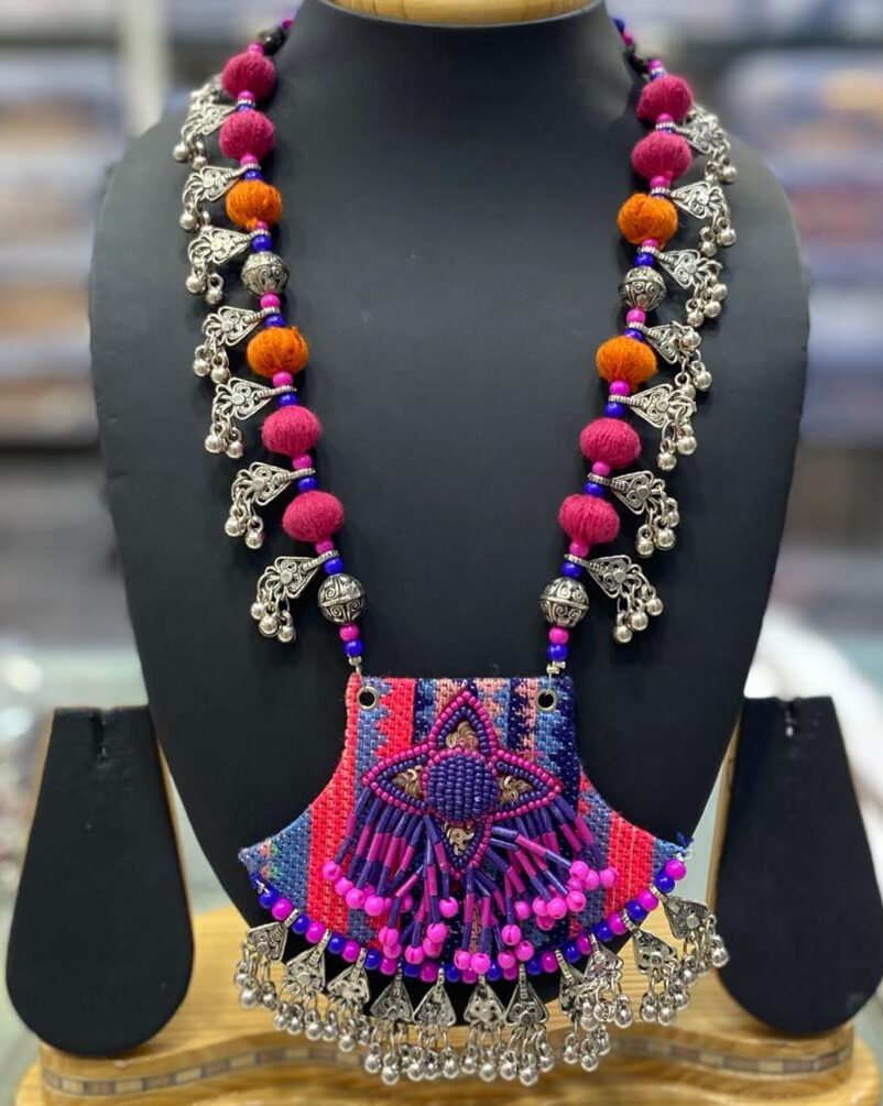 Purple & Pink Navratri Beaded Necklace with Oxidized Ghungroo Work