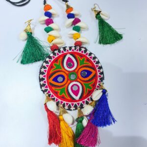 Handcrafted Multicolor Navratri Necklace Set with Cowrie Shells, Thread Tassels & Matching Earrings
